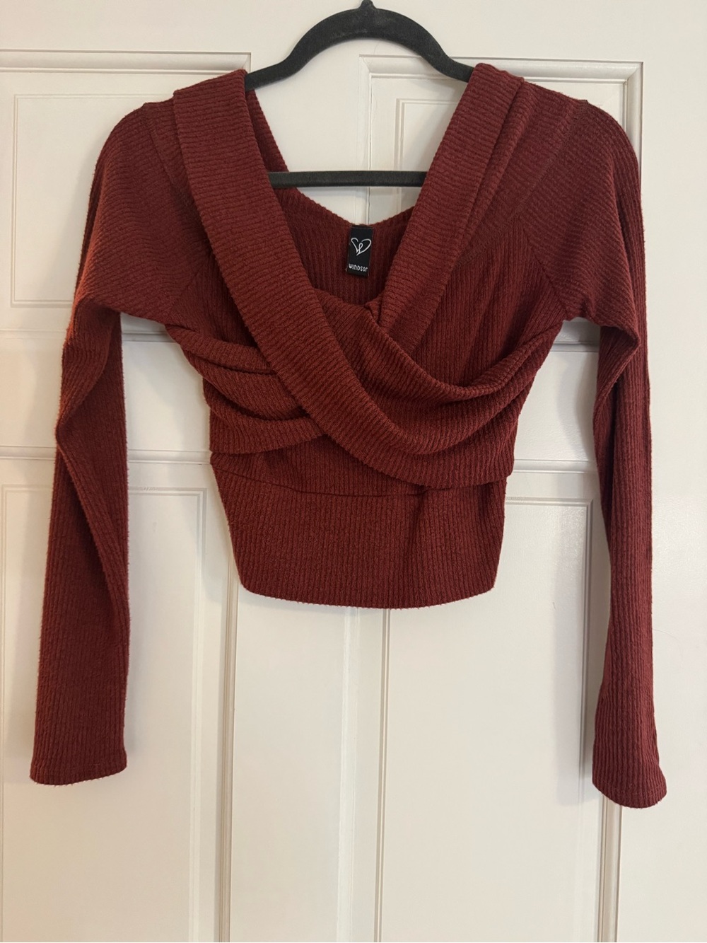 Windsor cropped  Rust Red Wrap-Front Ribbed Long-Sleeve Top